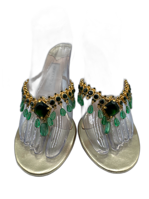 Jimmy Choo Shoe Size 39 Gold & Green Leather Upper Jeweled Chandelier Sandals Gold & Green / 39