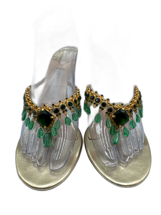 Jimmy Choo Shoe Size 39 Gold & Green Leather Upper Jeweled Chandelier Sandals Gold & Green / 39