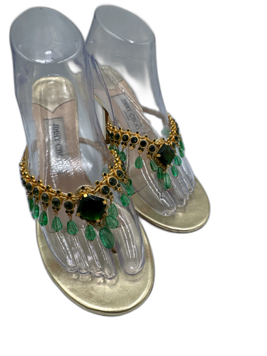 Jimmy Choo Shoe Size 39 Gold & Green Leather Upper Jeweled Chandelier Sandals Gold & Green / 39