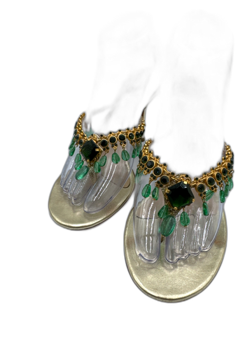 Jimmy Choo Shoe Size 39 Gold & Green Leather Upper Jeweled Chandelier Sandals Gold & Green / 39