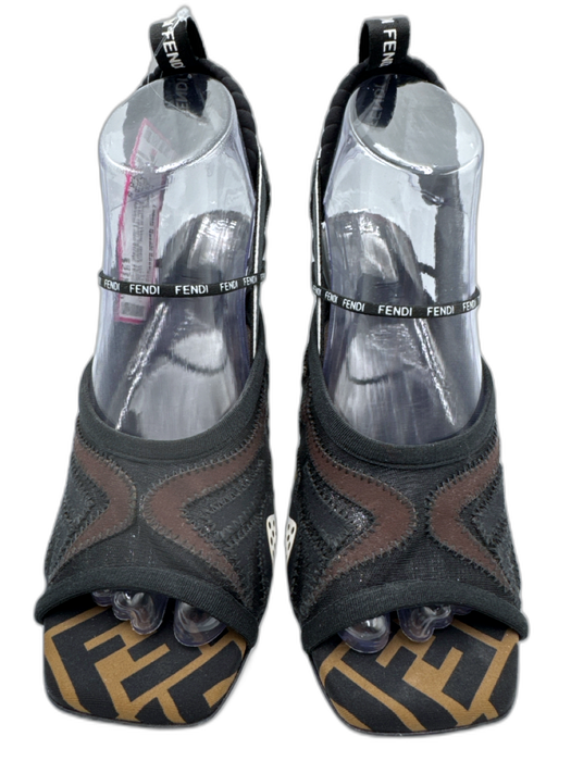 Fendi Shoe Size 38.5 Black, White & Brown textile upper Strappy Mule Sandals Black, White & Brown / 38.5