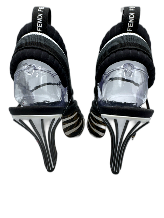 Fendi Shoe Size 38.5 Black, White & Brown textile upper Strappy Mule Sandals Black, White & Brown / 38.5