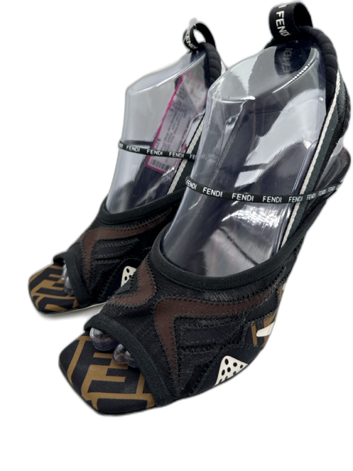 Fendi Shoe Size 38.5 Black, White & Brown textile upper Strappy Mule Sandals Black, White & Brown / 38.5