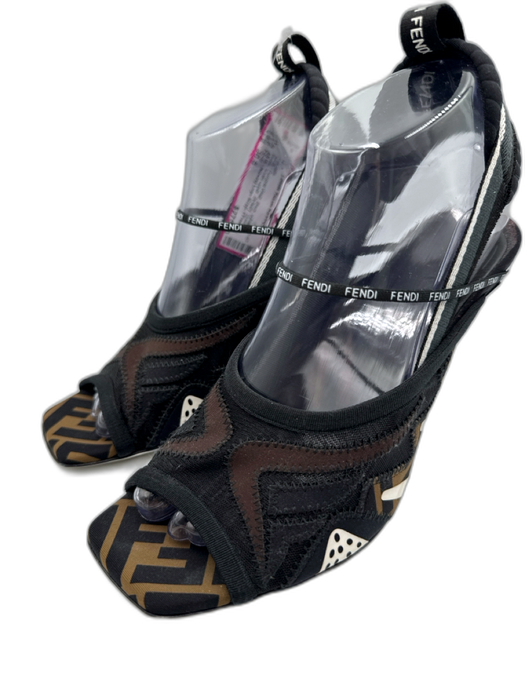 Fendi Shoe Size 38.5 Black, White & Brown textile upper Strappy Mule Sandals Black, White & Brown / 38.5