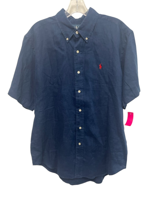 Polo Size L Navy Linen Solid Button Up Men's Short Sleeve Navy / L