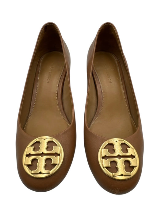 Tory Burch Shoe Size 5 Black Leather Round Toe Gold Logo Midi Block Heel Pumps Black / 5
