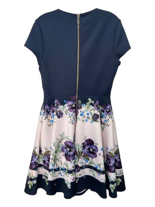 Ted Baker Size 3/L Navy & Pink Polyester Blend Floral Round Neck A line Dress Navy & Pink / 3/L