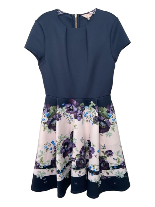 Ted Baker Size 3/L Navy & Pink Polyester Blend Floral Round Neck A line Dress Navy & Pink / 3/L