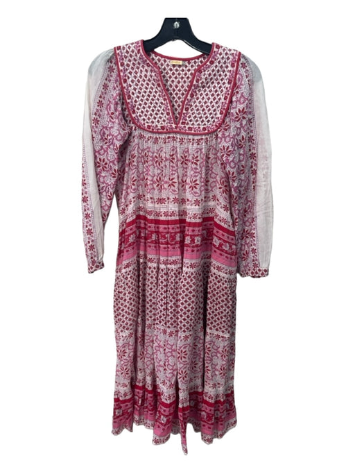 Matta Size XS Pink & White Cotton Quilted Top Long Sleeve V Neck Maxi Dress Pink & White / XS