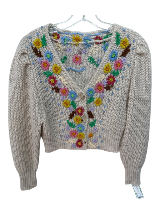 Celia B Size XS Beige & Multi Wool Blend Mohair Embroidered Flowers Cardigan Beige & Multi / XS