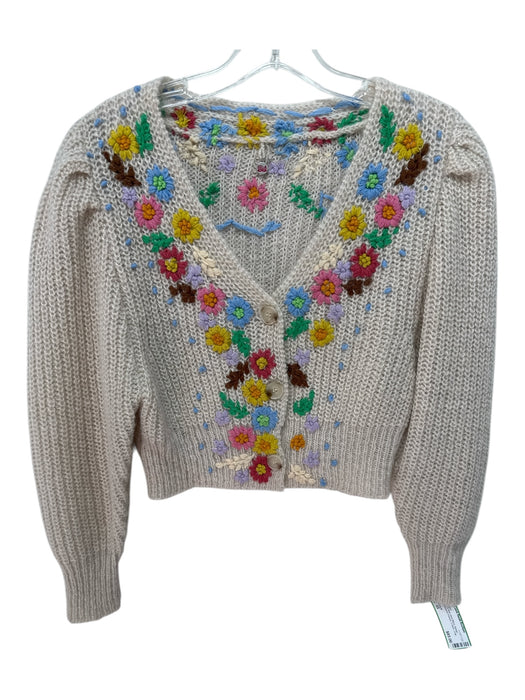 Celia B Size XS Beige & Multi Wool Blend Mohair Embroidered Flowers Cardigan Beige & Multi / XS