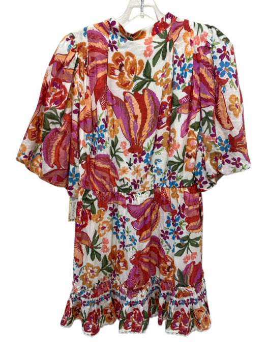 Farm Rio Size M White & Multi Cotton & Viscose Floral Short Puff Sleeve Dress White & Multi / M