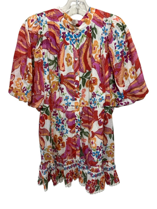 Farm Rio Size M White & Multi Cotton & Viscose Floral Short Puff Sleeve Dress White & Multi / M
