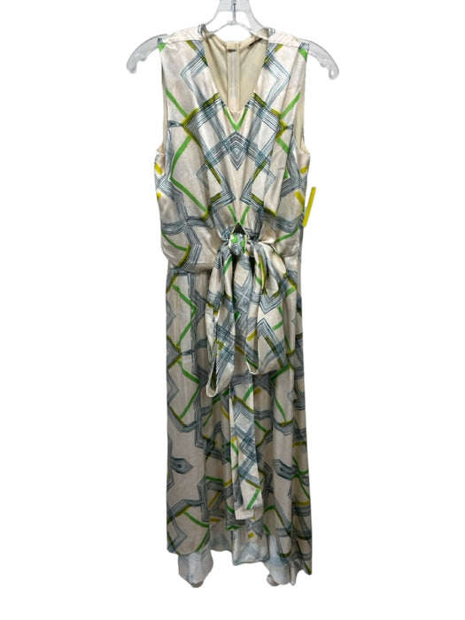 Alexis Size L Cream, Green & Yellow Viscose & Rayon Satin Geometric Print Dress Cream, Green & Yellow / L