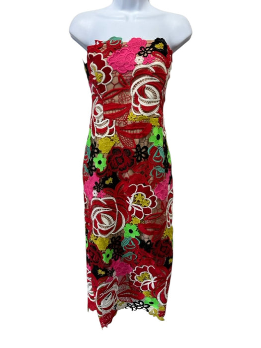 Milly Size Est S Red, Nude & Multi Polyester Embroidered Flowers Overlay Dress Red, Nude & Multi / Est S
