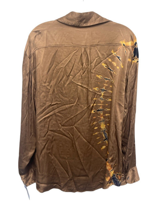 Raquel Allegra Size Est M Brown, Yellow & Black Rayon Satin Tie Dye Collared Top Brown, Yellow & Black / Est M