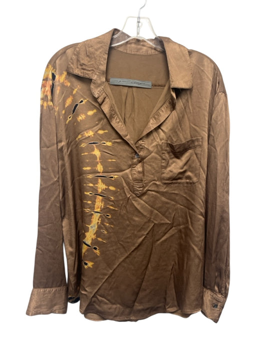 Raquel Allegra Size Est M Brown, Yellow & Black Rayon Satin Tie Dye Collared Top Brown, Yellow & Black / Est M