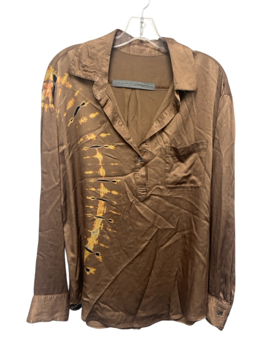 Raquel Allegra Size Est M Brown, Yellow & Black Rayon Satin Tie Dye Collared Top Brown, Yellow & Black / Est M