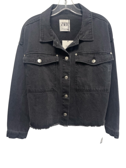 Zara Size S Charcoal Black Cotton Denim Raw Hem Button Front Jacket Charcoal Black / S