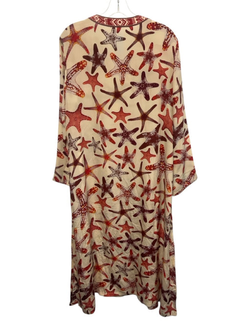 Emporio Sirenuse Size 44 Cream & Red Silk Starfish Long Sleeve V Neck Midi Dress Cream & Red / 44