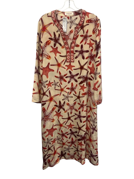 Emporio Sirenuse Size 44 Cream & Red Silk Starfish Long Sleeve V Neck Midi Dress Cream & Red / 44
