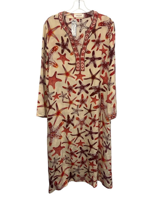 Emporio Sirenuse Size 44 Cream & Red Silk Starfish Long Sleeve V Neck Midi Dress Cream & Red / 44