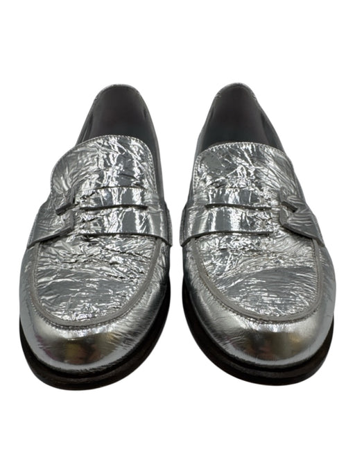 Tibi Shoe Size 39.5 Silver Leather Upper Metallic Stitch Detail Penny Loafers Silver / 39.5