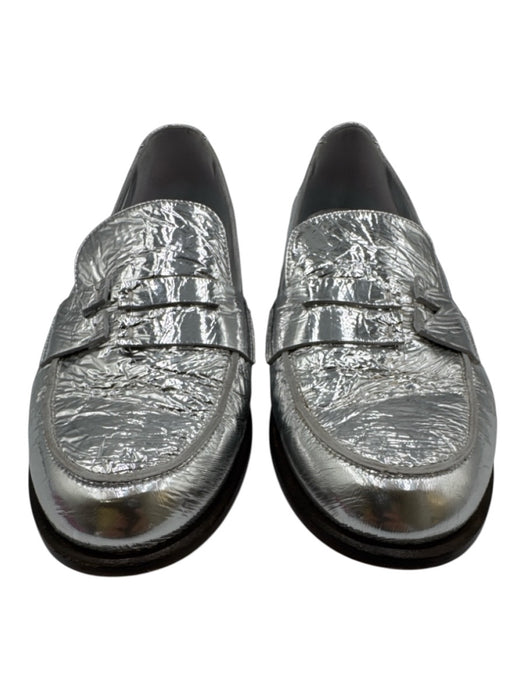Tibi Shoe Size 39.5 Silver Leather Upper Metallic Stitch Detail Penny Loafers Silver / 39.5