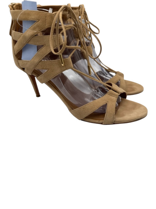 Aquazzura Shoe Size 40.5 Beige Suede Upper Lace Up Tie Ankle Back Zip Sandals Beige / 40.5