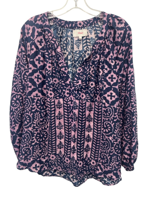 XiRENA Size M Navy Blue & Purple Cotton & Silk Abstract Print V Neck Top Navy Blue & Purple / M