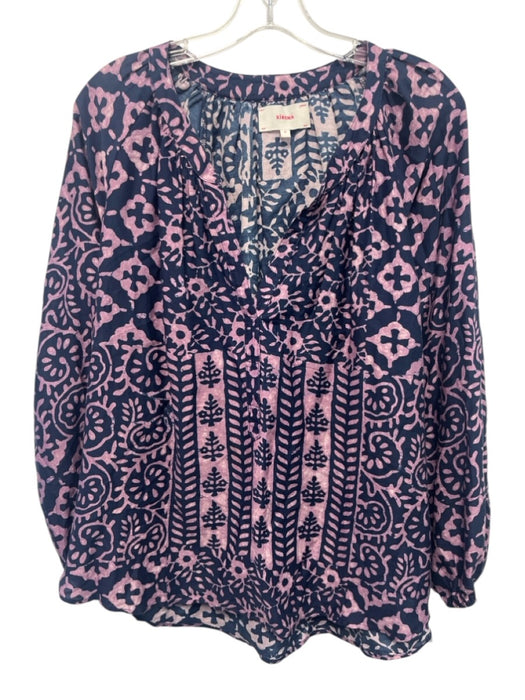 XiRENA Size M Navy Blue & Purple Cotton & Silk Abstract Print V Neck Top Navy Blue & Purple / M