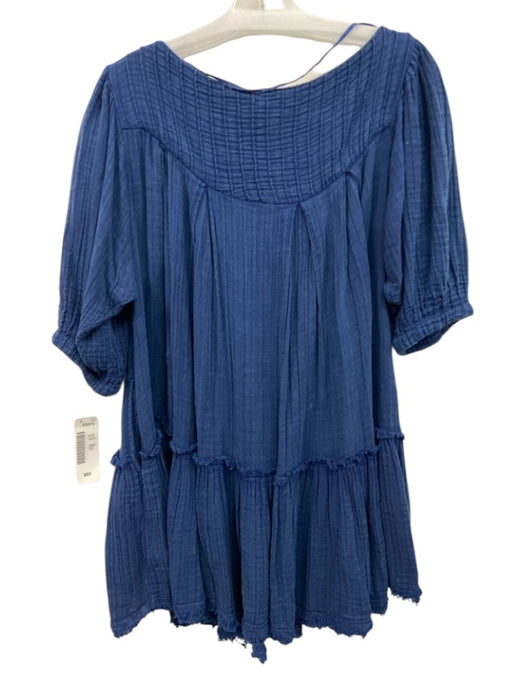 Free People Size XS Dark Blue Cotton Short Puff Sleeve Waffle Knit Mini Dress Dark Blue / XS