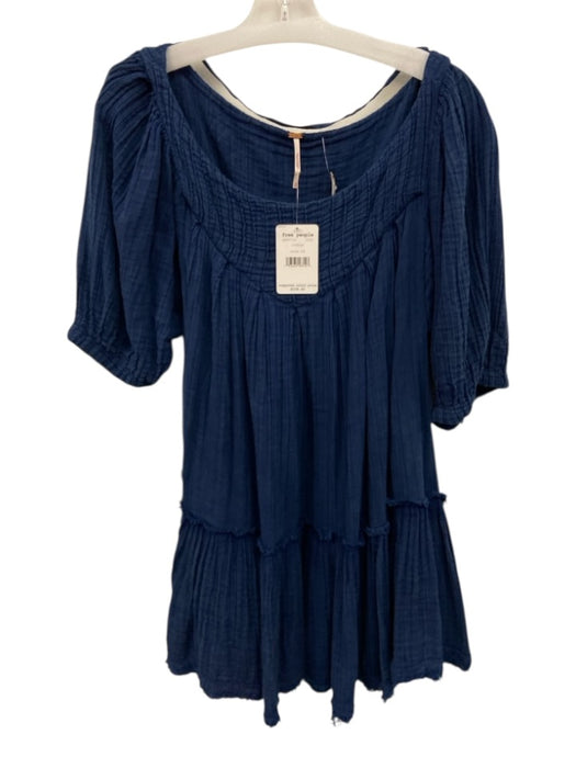 Free People Size XS Dark Blue Cotton Short Puff Sleeve Waffle Knit Mini Dress Dark Blue / XS
