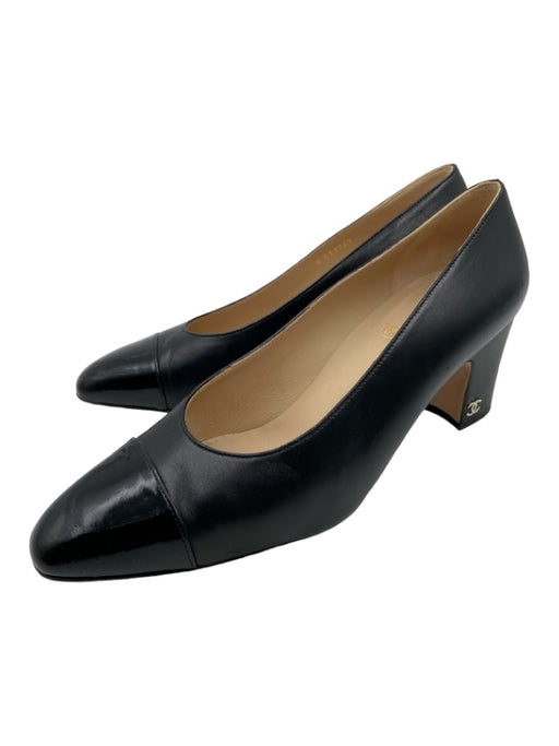 Chanel Shoe Size 38.5 Black Leather Cap Toe Block Heel Almond Toe Heels Black / 38.5