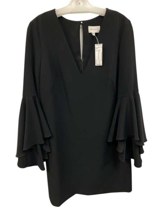 Milly Size 8 Black Poly Blend V Neck Keyhole Back Bell Sleeve Mini Dress Black / 8