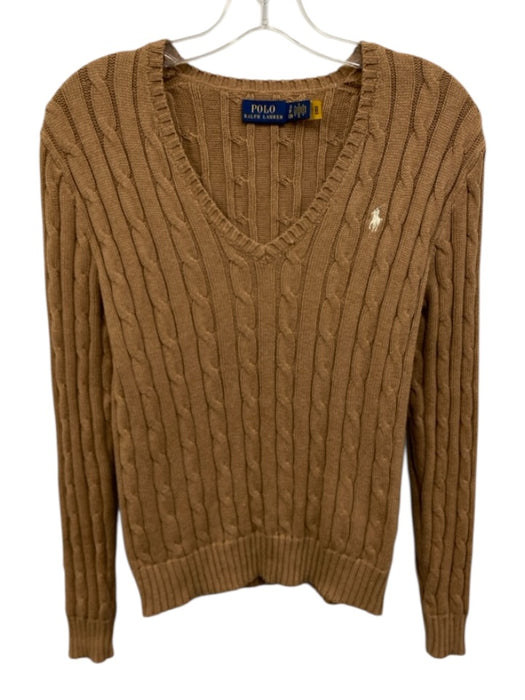 Polo Ralph Lauren Size S Brown Cotton V Neck Cable Knit Embroidered Logo Sweater Brown / S
