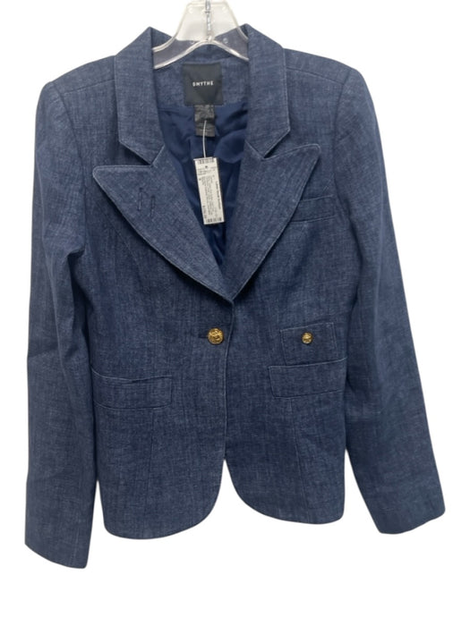 Smythe Size 8 Navy Linen One Button Gold Tone Hardware Peak Lapels Jacket Navy / 8