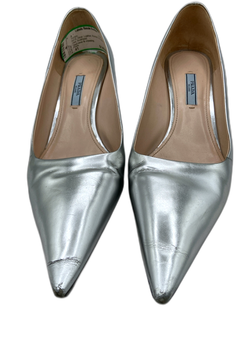 Prada Shoe Size 41 Silver Leather Pointed Toe Kitten Heel Pumps Silver / 41