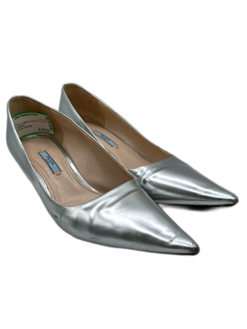 Prada Shoe Size 41 Silver Leather Pointed Toe Kitten Heel Pumps Silver / 41
