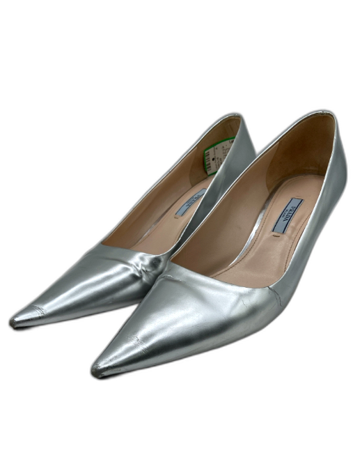 Prada Shoe Size 41 Silver Leather Pointed Toe Kitten Heel Pumps Silver / 41