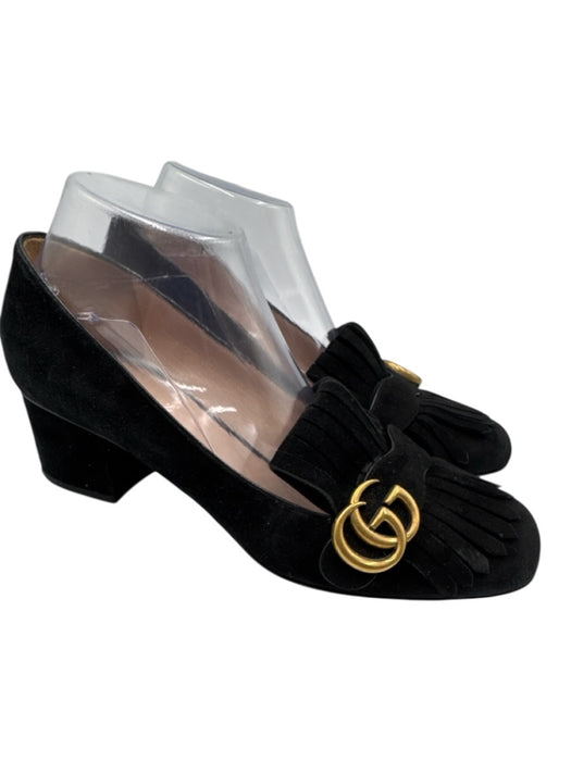 Gucci Shoe Size 40.5 Black Suede leather Round Toe Fringe Interlocking GG Pumps Black / 40.5