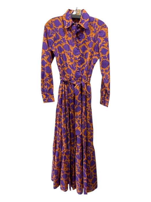 La Double J Size S Orange & Purple Cotton Floral Button Up Ruffle Detail Dress Orange & Purple / S