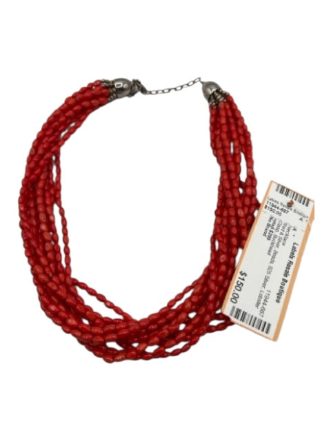 No Brand Red & Silver Beads 925 Silver Lobster Clasp Necklace Red & Silver