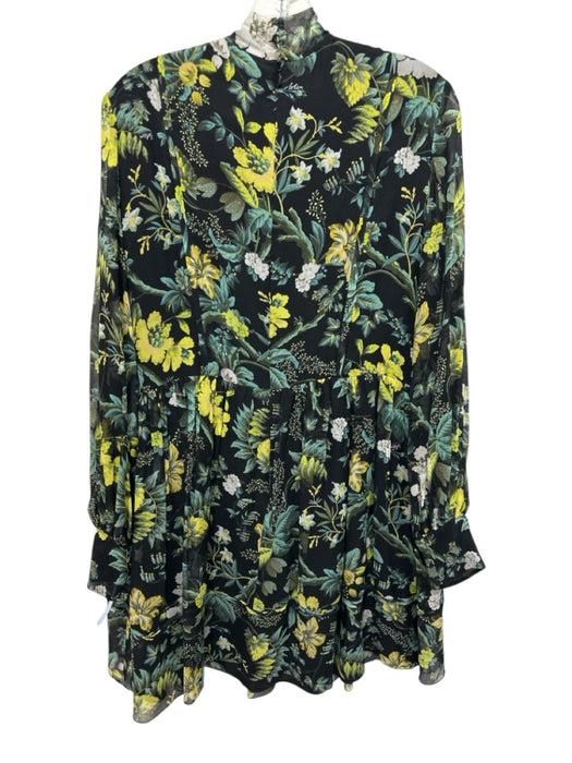 Erdem Size 12 Black, Green & White Silk Floral Tie Neck Zip & Button Mini Dress Black, Green & White / 12