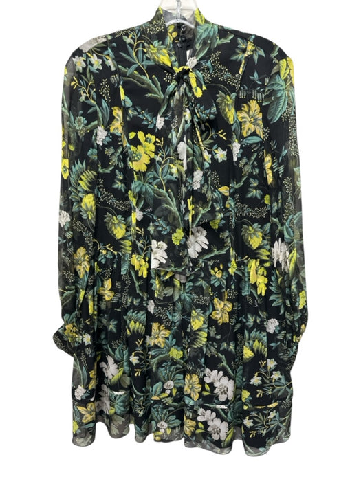 Erdem Size 12 Black, Green & White Silk Floral Tie Neck Zip & Button Mini Dress Black, Green & White / 12