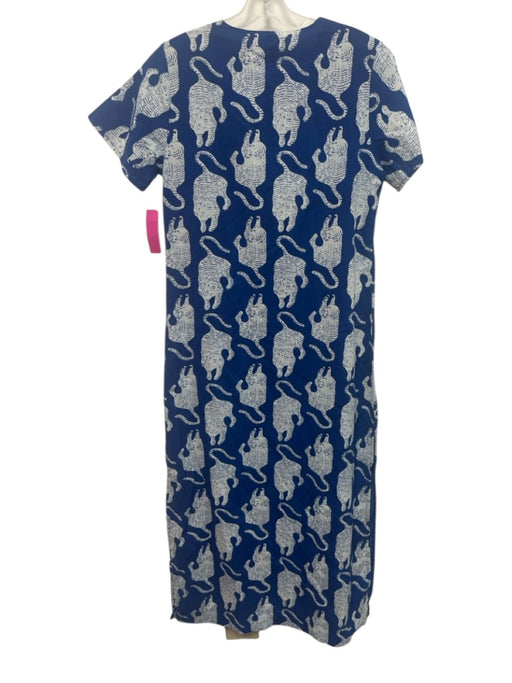 Anna Cate Size S Blue & White Cotton Big Cat Print Short Sleeve V Neck Dress Blue & White / S