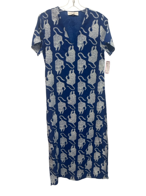 Anna Cate Size S Blue & White Cotton Big Cat Print Short Sleeve V Neck Dress Blue & White / S