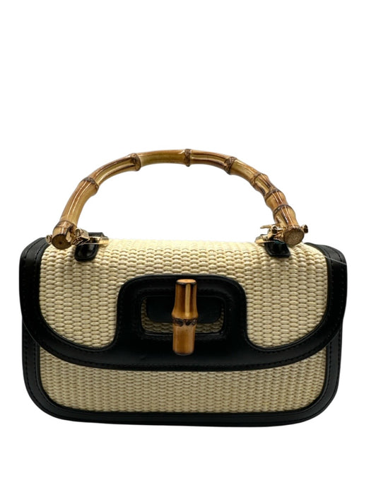 Tiffany & Fred Beige & Black Straw & Leather Woven Toggle Close Bag Beige & Black