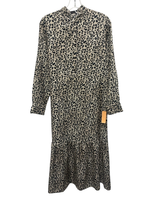 Rosso35 Size 42 Black & Beige Silk Leopard Quarter Button Midi Dress Black & Beige / 42