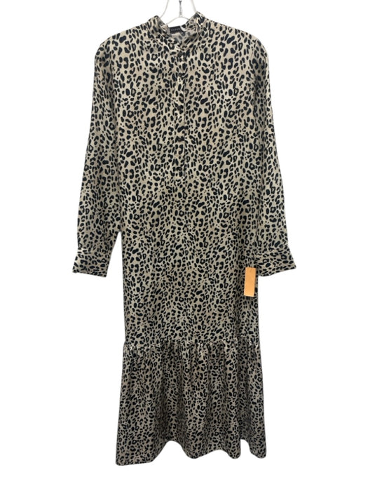 Rosso35 Size 42 Black & Beige Silk Leopard Quarter Button Midi Dress Black & Beige / 42